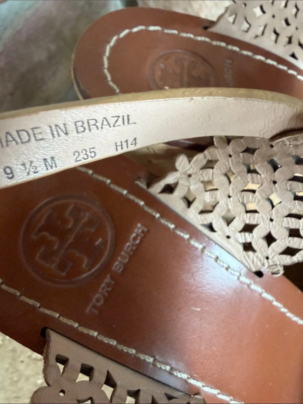 Tory Burch Tan Leather with Laser-Cut outs and Cork Wedge Sandals sz 9.5
